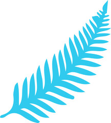 Stylized turquoise fern frond is being shown diagonally over transparent background, in flat design