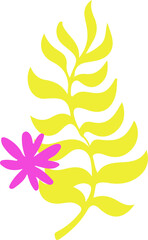 Abstract flat design showing neon yellow fern branch and magenta bloom on transparent background