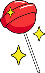 Red flat lollipop is floating on transparent background with white stick, wrap and yellow sparkles