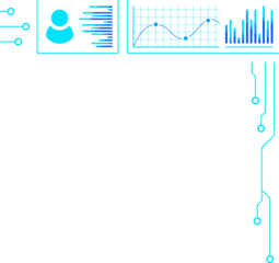 Flat interface is showing avatar, bar chart, line graph, circuit traces on transparent background