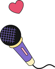 Microphone is tilting in flat design with floating pink heart and cable on transparent background