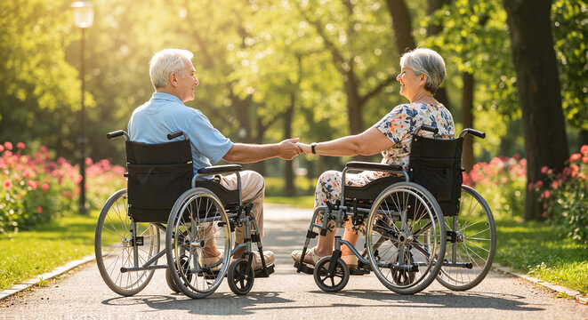 Elderly couple holding hands in wheelchairs in sunny park  