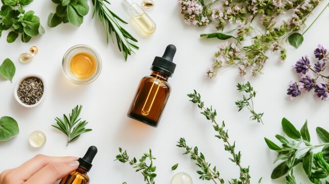 Natural skincare ingredients with essential oils and herbs flat lay wellness aromatherapy green therapy concept