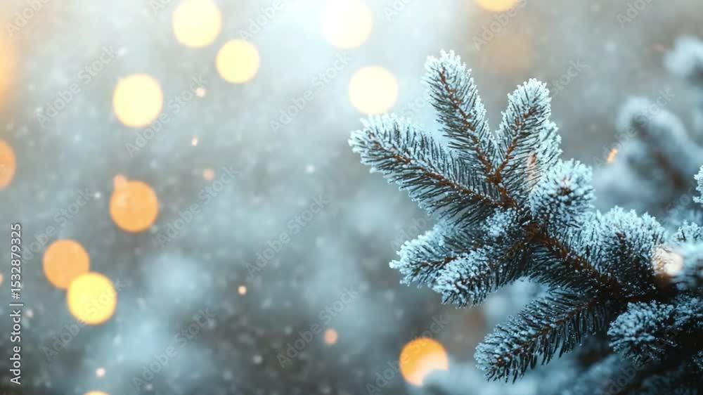 Aufkleber winter spruce branch: a close-up shot showcases a frosted spruce branch adorned with delicate icy cr