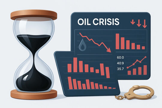Global oil crisis risk is illustrated with falling charts, hourglass symbolizing urgency, and handcuffs representing restriction and tension in energy market