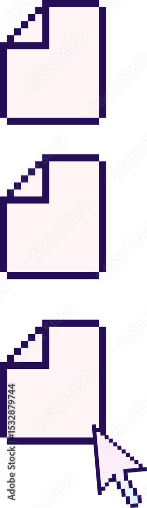Poster three pixel art document icons stacking on transparent canvas, pixel cursor overlapping bottom icon
