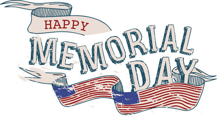 Retro distressed text is showing Happy Memorial Day with ribbon banners on transparent layer