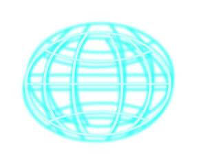 Stylized wireframe globe is glowing in 3D render with turquoise grid lines on transparent backdrop