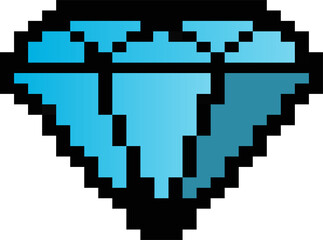 Fototapeta premium Rendering pixel art diamond showing faceted blue gradient, black outline on transparent background