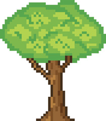Pixel art tree is standing on transparent background, showing blocky brown trunk and green canopy