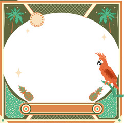 Flat design frame is showing palms, pineapples and parrot on transparent background, copy space