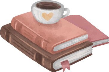 Watercolor illustration showing book stack with ribbon topped by white heart cup, transparent bg