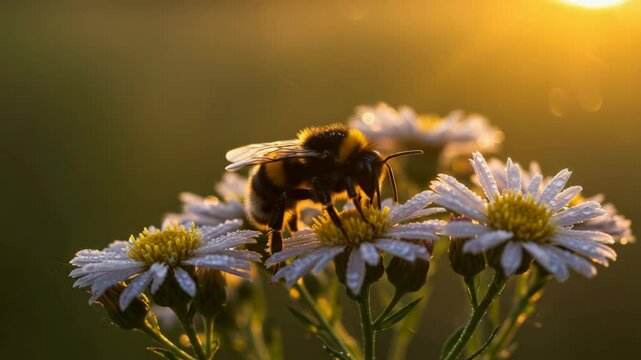 Bumblebee on Daisy at Sunset - A bumblebee gathers pollen from a delicate daisy flower at sunset.  Golden sunlight illuminates the scene, highlighting the dew drops on the petals.