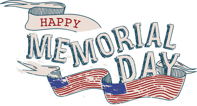 Retro distressed text is showing Happy Memorial Day with ribbon banners on transparent layer