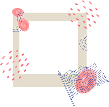 Naklejki Floating frame with pink watercolor blobs, blue line art, stylized US flag on transparent backdrop