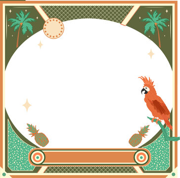 Fototapeta Flat design frame is showing palms, pineapples and parrot on transparent background, copy space