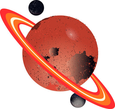 Naklejki Ringed red planet rotating in flat design, orbiting with two grey moons and transparent background