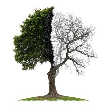 Half alive half dead tree concept representing life and death on isolated white