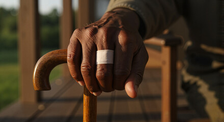 Obraz premium Elderly black man holding cane with bandaged hand on porch during sunset 