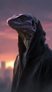 Reptilian humanoid in robe stands against futuristic city backdrop at sunset