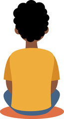 Kid from behind sitting calmly on kindergarten floor rug. Child in elementary school. Flat vector illustration for children's learning.