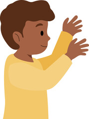 Little boy stretching his hands up. Illustration of child playing, dancing. Child learning and exploration concept for early childhood education.