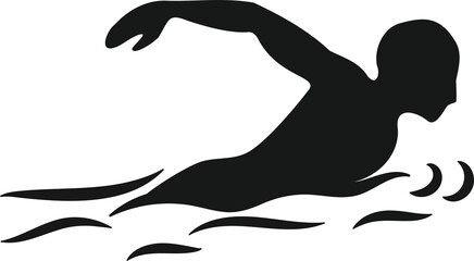 Silhouette of a male swimmer performing a crawl stroke in water. Icon representing aquatic sport and healthy lifestyle.