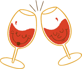 Pair of cartoon-style wine glasses clinking on clear background, featuring red wine smiling faces