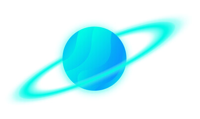 Showing ringed planet orbiting in vector art with glowing turquoise ring, transparent background