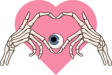 Flat art showing bone hands framing blue-iris, red-veined eyeball over pink heart on transparent bg