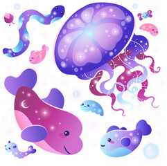Vector design showing floating jellyfish, whale, gradient fish, pastel blobs, bubbles on clear bg