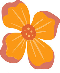 Featuring four-petal flat flower coral-edged orange petals, dotting yellow spots, veins on clear bg