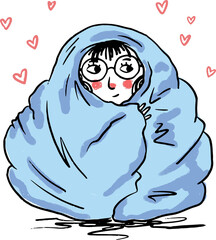 Cartoon character is snuggling in blue blanket with floating red hearts, transparent background