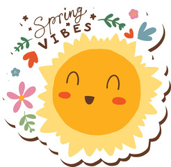 Smiling sun is shining in flat design with Spring Vibes, flowers, hearts, transparent background