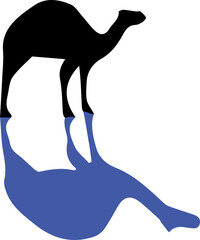 Stylized black camel silhouette is standing over blue puddle on transparent background, flat design