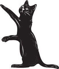 Stylized flat design black cat is standing upright on transparent backdrop with white highlights