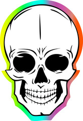 Stylized skull graphic is floating in flat design with rainbow border, transparent background