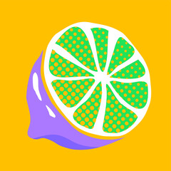 Pop-art style lime half is floating on transparent backdrop, featuring purple paint drip