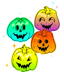 Four vector jack-o-lanterns are glowing with star moon sparks on transparent background, copy space