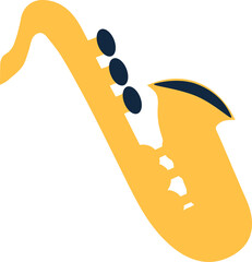 Stylized flat design saxophone is showing brass body with navy keys on transparent background