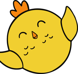 Cartoon chick is flapping wings on transparent background, showing orange comb and simple feathers