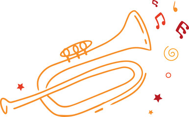 Orange line art trumpet outline is floating on transparent backdrop with notes, stars, swirl accent