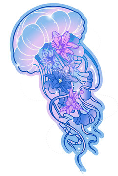 Naklejki Vector jellyfish floating in pastel hues with lilies, stars and dotted curves on clear background