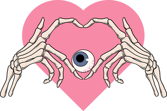 Fototapeta Flat art showing bone hands framing blue-iris, red-veined eyeball over pink heart on transparent bg