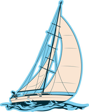 Fototapeta Sailing yacht gliding on water with beige sails rigging in vector art transparent background
