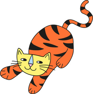 Fototapeta Cartoon tabby cat is crouching in flat design on transparent background, showcasing bold stripes