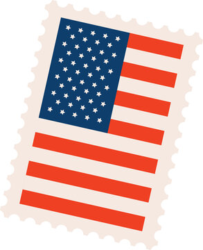US flag stamp is being shown in flat design, featuring perforated edges on transparent background