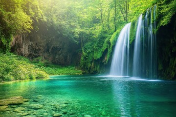 Beautiful jungle waterfall cascading into a serene rainforest lake surrounded by lush greenery, Jungle waterfall in beautiful forest Rainforest lake with emerald water