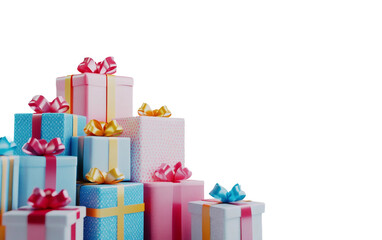 Stack of colorful birthday presents wrapped with ribbons in festive setting isolated on transparent background PNG