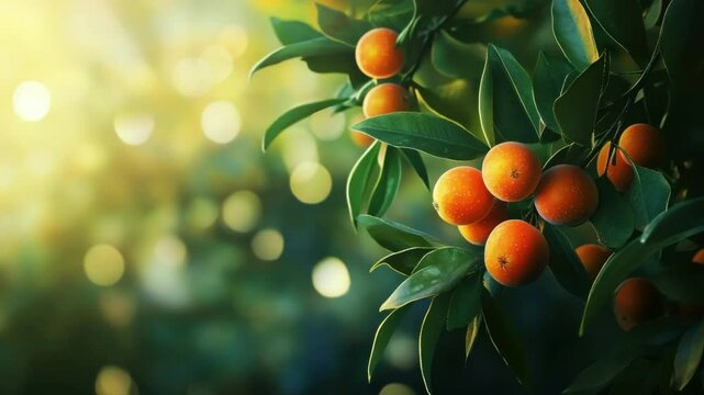 Branch of mandarin orange tree with ripe fruits and blurry bokeh background